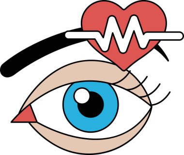 Üzerinde kalp olan bir insanın gözünün yakın çekimi. Kalp, kalp atışının sembolü olan bir dalgayla çevrilidir. Birinin sağlığını korumanın önemini kavramak.