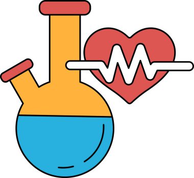 Üzerinde kalp ve dalga olan cam bir deney şişesi. Kalp şişenin tam ortasında ve dalga da sağ tarafta.