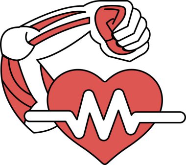 Bir kalp ve üzerinde EM harfleri olan bir adam kolu çizimi. Kalp, çizimin tam ortasında yer alır.