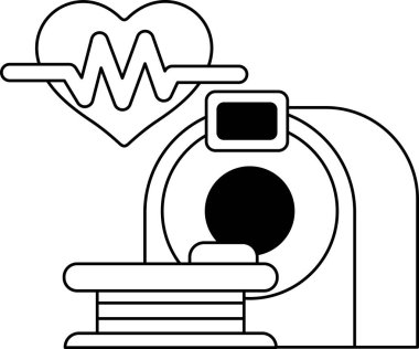 Bir kalp ve bir makinenin siyah beyaz çizimi. Kalp bir dalgayla çevrilidir, ve makine kalbin sağ tarafındadır. Çizim, tıbbi teknoloji fikrini aktarıyor.