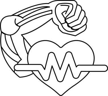 Bir kalp ve üzerinde EM harfleri olan bir adam kolu çizimi. Kalp, çizimin tam ortasında yer alır.