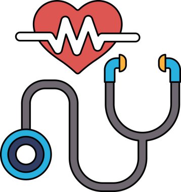 Bir kalp ve steteskop siyah beyaz çizimde gösterilir. Kalp atışı gibi görünen bir çizgi ile çevrili ve steteskop da çizgiye bağlı.