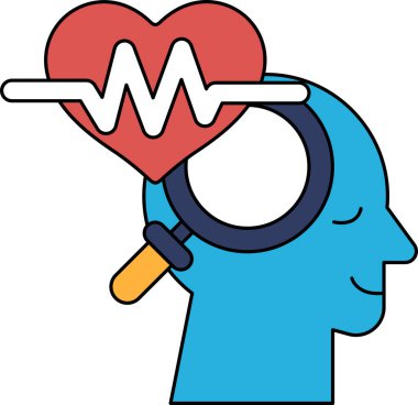 Üzerinde büyüteç olan bir adamın kafası. Adam, kalbe bakıyor. Kalp bir dalgayla çevrilidir. Kalbe yakından bakma kavramı ve onunla ilgilenmenin önemi.