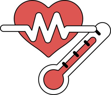 Siyah beyaz bir kalp ve termometre çizimi. Kalp bir dalgayla çevrilidir ve termometre onun yanına yerleştirilir. Birinin sağlığını izleme kavramı