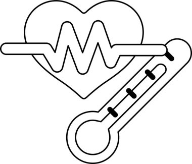 Siyah beyaz bir kalp ve termometre çizimi. Kalp bir dalgayla çevrilidir ve termometre onun yanına yerleştirilir. Birinin sağlığını izleme kavramı