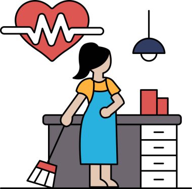 Bir kadın süpürgeyle mutfağı temizliyor. Bir kadının eviyle ilgilenmesi ve temiz bir çevre koruması kavramı. Sahne sakin ve huzurlu, çünkü kadın görevine odaklanmış.