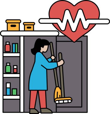 Bir kadın paspasla bir odayı temizliyor. Odanın duvarında kalp ve duvarında da kalp monitörü var. Kadın laboratuvar önlüğü giyiyor.