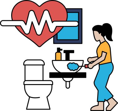 Bir kadın banyoda lavaboda ellerini yıkıyor. Görüntü, elinde diş fırçasıyla lavabonun önünde duran bir kadının basit bir resmi.