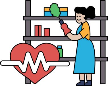 Bir kadın üzerinde kalp olan bir rafı temizliyor. Kalp, hayatın sembolü olan bir dalgayla çevrilidir. Kadın gülümsüyor, bu da rafı temizlemekten mutlu olduğunu gösteriyor.