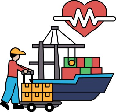 Bir adam üzerinde kutular olan bir arabayı itiyor. Kutular üst üste istiflenmiş ve bir tekne tarafından taşınıyorlar. Sahne, malların deniz yoluyla taşınmasının bir temsili.