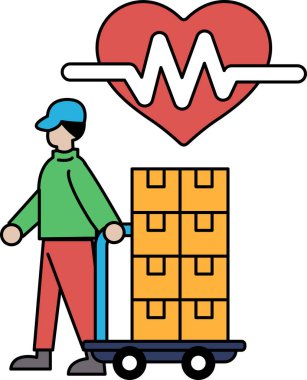 Bir adam üzerinde kutular olan bir arabayı itiyor. Kutular üst üste istiflenmiş ve el arabası adam tarafından itiliyor. Sıkı çalışma ve kararlılık kavramı