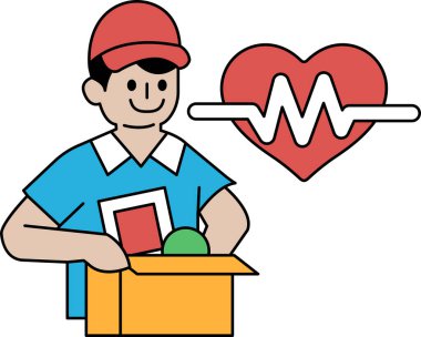 Bir adam üzerinde kalp olan bir kutunun önünde oturuyor. Kalp bir dalgayla çevrili ve adam gülümsüyor. Mutluluk ve pozitiflik kavramı