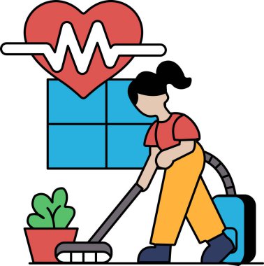 Bir kadın elektrikli süpürgeyle bir odayı temizliyor. Odada saksı bitkisi ve duvarda kalp var. Kadın siyah gömlek ve beyaz pantolon giyiyor.