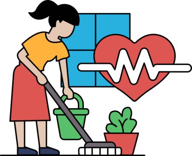 Bir kadın bir kova ve paspasla bir odayı temizliyor. Odanın bir kalbi ve bitkisi var. Kalp duvarda, fabrika da yerde yatıyor. Kadının üzerinde bir elbise ve at kuyruğu var.