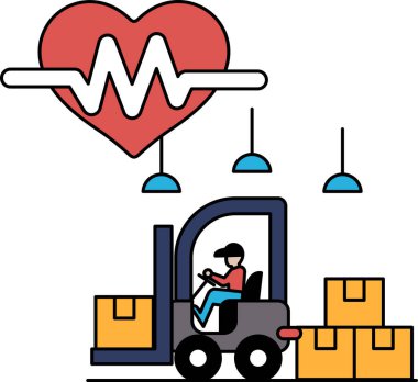 Depoda bir adam forklift kullanıyor. Forklift kutularla çevrilidir ve arka planda bir kalp çizilir. Sıkı çalışma ve kendini adama kavramı