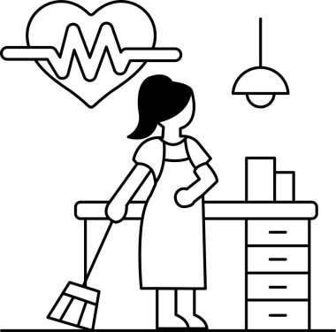 Bir kadın süpürgeyle mutfağı temizliyor. Bir kadının eviyle ilgilenmesi ve temiz bir çevre koruması kavramı. Sahne sakin ve huzurlu, çünkü kadın görevine odaklanmış.