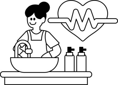 Bir kadın ellerini lavaboda yıkıyor. Lavabo bir şişe sabun ve bir şişe el dezenfektanının yanında. Görüntü, el yıkama ve hijyenin önemini aktarıyor, özellikle de bir salgın sırasında.