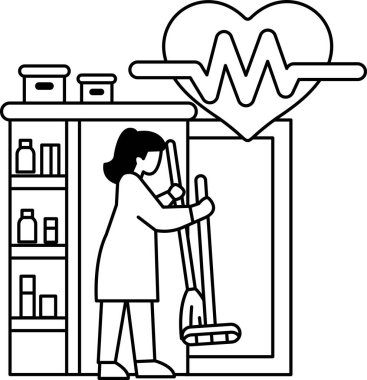 Bir kadın paspasla bir odayı temizliyor. Odanın duvarında kalp ve duvarında da kalp monitörü var. Kadın laboratuvar önlüğü giyiyor.