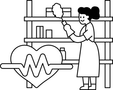 Bir kadın üzerinde kalp olan bir rafı temizliyor. Kalp, hayatın sembolü olan bir dalgayla çevrilidir. Kadın gülümsüyor, bu da rafı temizlemekten mutlu olduğunu gösteriyor.