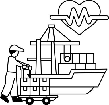 Bir adam üzerinde kutular olan bir arabayı itiyor. Kutular üst üste istiflenmiş ve bir tekne tarafından taşınıyorlar. Sahne, malların deniz yoluyla taşınmasının bir temsili.