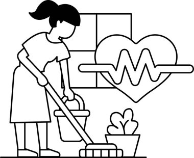 Bir kadın bir kova ve paspasla bir odayı temizliyor. Odanın bir kalbi ve bitkisi var. Kalp duvarda, fabrika da yerde yatıyor. Kadının üzerinde bir elbise ve at kuyruğu var.