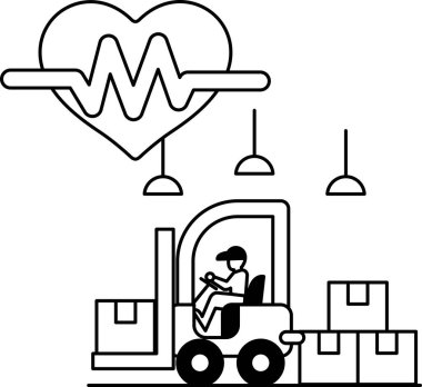Depoda bir adam forklift kullanıyor. Forklift kutularla çevrilidir ve arka planda bir kalp çizilir. Sıkı çalışma ve kendini adama kavramı