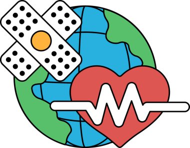 Üzerinde bandaj ve arka planda küre olan bir kalp çizimi. Çizim, iyileşme fikrini ve birinin sağlığıyla ilgilenmesinin önemini aktarıyor.