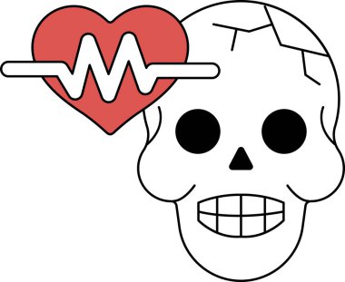 Üstünde kalp olan bir kafatası. Kafatası siyah ve kalbi kırmızı. Kafatası beyaz bir arka planla çevrilidir.