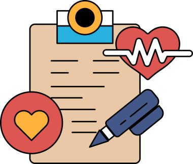 Üzerinde bir kalp ve kalem olan bir not panosu. Pano hastanın sağlığı hakkında bilgi kaydetmek için kullanılır.