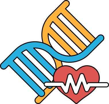 Ortasında kalp olan bir DNA ipliğinin siyah beyaz çizimi. Kalp, kalp atışını temsil eden bir dalgayla çevrilidir. Çizim, yaşam fikrini aktarıyor.