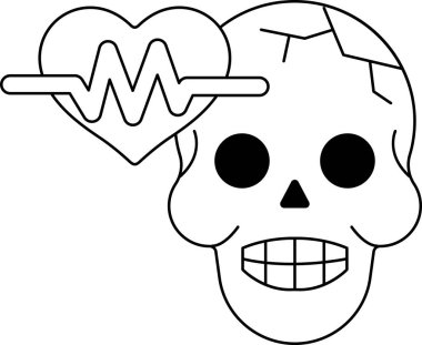 Üstünde kalp olan bir kafatası. Kafatası siyah ve kalbi kırmızı. Kafatası beyaz bir arka planla çevrilidir.