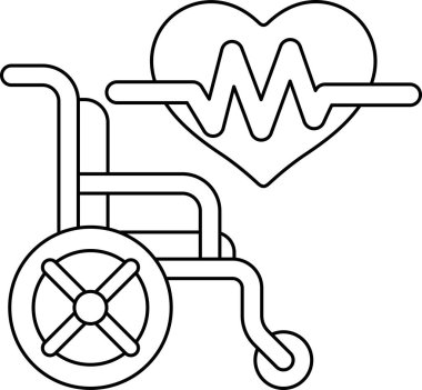 Tekerlekli sandalye ve kalbin siyah beyaz çizimi. Kalp 