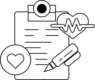 Üzerinde bir kalp ve kalem olan bir not panosu. Pano hastanın sağlığı hakkında bilgi kaydetmek için kullanılır.