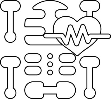 Bir iskelet ve kalbin siyah beyaz çizimi. İskelet kemiklerle çevrili ve kalp çizimin tam ortasında.