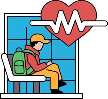 Sırt çantası ve duvarında kalbi olan bir adam bankta oturuyor. Kalp EKG 'ye benzeyen bir hatta bağlı. Adam bir kitaba bakıyor.