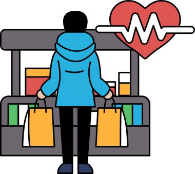 Bir kadın iki çanta tutuyor ve bir mağazanın önünde duruyor. Mağaza tıbbi malzeme satıyor.