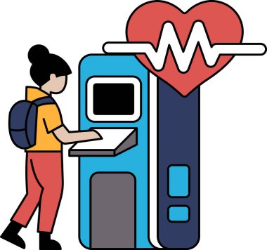 Bir kadın, üzerinde kalp olan bir makinenin önünde duruyor. Ekrana bakıyor.