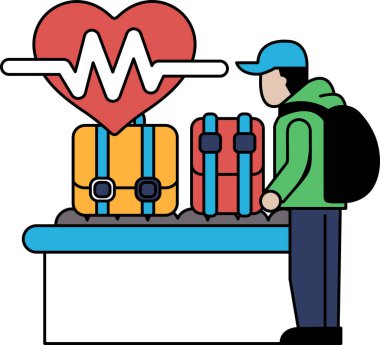 Bir adam kalp monitörüne bakıyor. Monitörde kalp atışı 120. Adam sırt çantası takıyor.