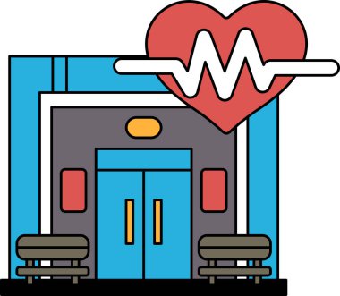 Üzerinde kalp ve kalp monitörü olan bir bina. Bina bir hastane.