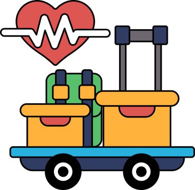 Üzerinde kalp olan bir valizin siyah beyaz çizimi. Bavul bir el arabasında ve üzerinde bir kalp var.