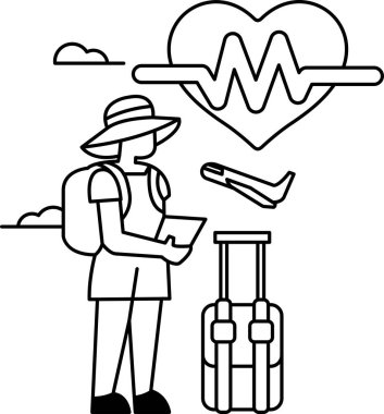 Bir kadın bavulu ve üzerinde kalp olan bir bavulla ayakta duruyor. O bir şapka ve bir sırt çantası giyiyor.