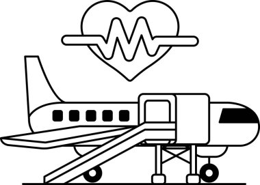 Üzerinde kalp olan bir uçağın siyah beyaz çizimi. Kalp bir dalgayla çevrilidir ve uçak bir pist üzerindedir. Çizim bir umut ve sevgi hissi veriyor.