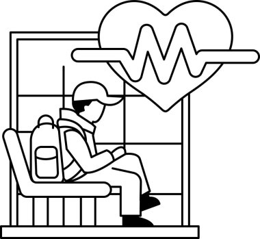 Sırt çantası ve duvarında kalbi olan bir adam bankta oturuyor. Kalp EKG 'ye benzeyen bir hatta bağlı. Adam bir kitaba bakıyor.