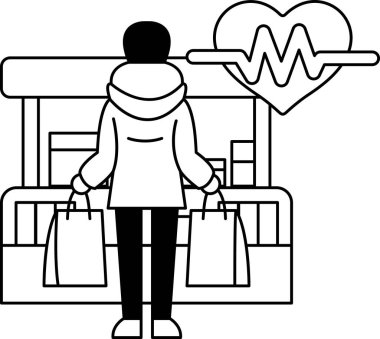 Bir kadın iki çanta tutuyor ve bir mağazanın önünde duruyor. Mağaza tıbbi malzeme satıyor.