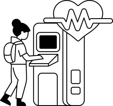 Bir kadın, üzerinde kalp olan bir makinenin önünde duruyor. Ekrana bakıyor.