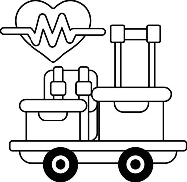 Üzerinde kalp olan bir valizin siyah beyaz çizimi. Bavul bir el arabasında ve üzerinde bir kalp var.