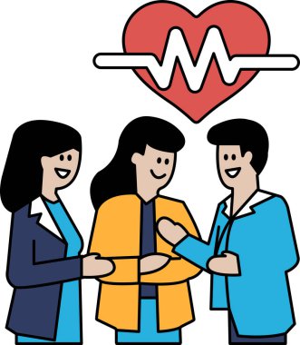 Üç kişi gülümsüyor ve el ele tutuşuyor. Görüntü, doktor ve hasta ilişkileriyle ilgili. Sahne olumlu ve dostane.