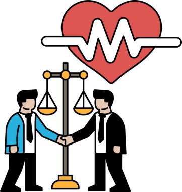 İki adam bir kalp ve bir tartının önünde el sıkışıyor. Adalet ve adalet kavramı