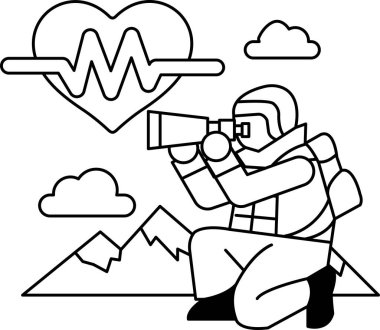 Bir adam çömelmiş kameranın merceğine bakıyor. Sahne dağlık bir alanda geçiyor.