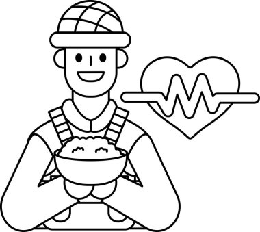 Bir adam bir kase yemek tutuyor ve gülümsüyor. Görüntünün sağ tarafındaki kalp sağlık ve refahın sembolüdür.